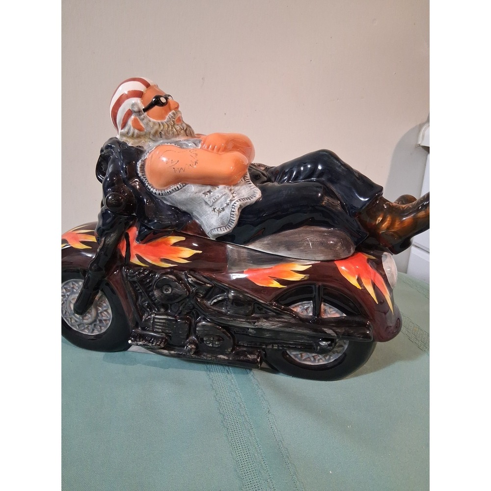 Vintage Biker Motorcycle Ceramic Cookie Jar Reclining Rider Flame Detail Novelty
